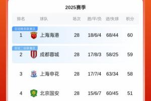 集体刹车！中超积分榜：海港1分领跑，蓉城第2，申花距榜首2分