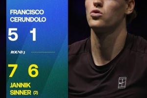 强！辛纳2-0塞伦多洛，晋级巴黎大师赛8强，解锁大师赛全8强成就