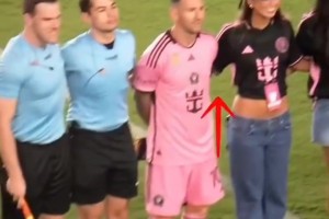 心中无其他女人！开场选边时和女明星合影时的梅西